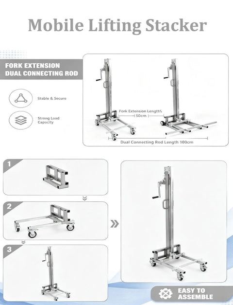 Heavy Duty Portable Cabinet Lift With Manual Winch Trolley For Kitchen Units And Wall Panels shows a mobile lifting stacker setup.