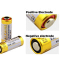 Top Tier A23 23A 12V Alkaline Batteries Five Pack with positive and negative electrodes for garage door remotes and tools.