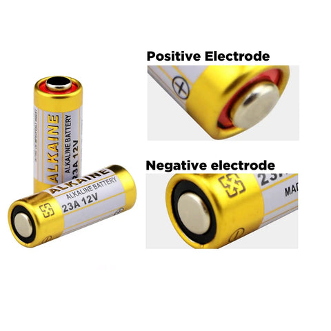 Top Tier A23 23A 12V Alkaline Batteries Five Pack with positive and negative electrodes for garage door remotes and tools.