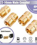 Four brass M22-14mm male coupler pressure washer hose adapters, angled top view.
