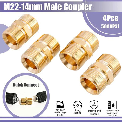Four brass M22-14mm male coupler pressure washer hose adapters, angled top view.