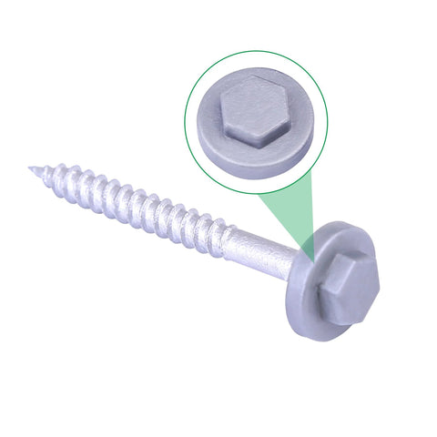 Close-up of 400 Pack Silver Gray 8mm Roofing Screw Covers, Durable Plastic Snap-On Protectors, Weatherproof and UV Resistant Shields.