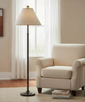 Living room with armchair and floor lamp featuring Transitional Hardback Empire Lamp Shade With Spider Fitter In Flaxen Calico Fabric Brass