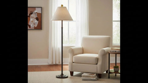 Living room with armchair and floor lamp featuring Transitional Hardback Empire Lamp Shade With Spider Fitter In Flaxen Calico Fabric Brass