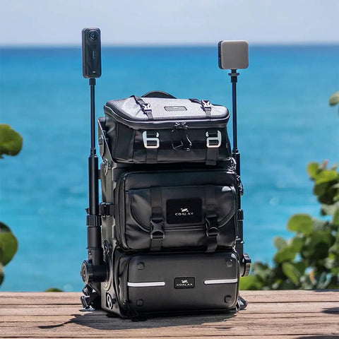 Lancer Camera Backpack With 1.5m Extendable Magic Arm For Hands Free POV Vlog And Run And Gun Filming Large Capacity black design at beach