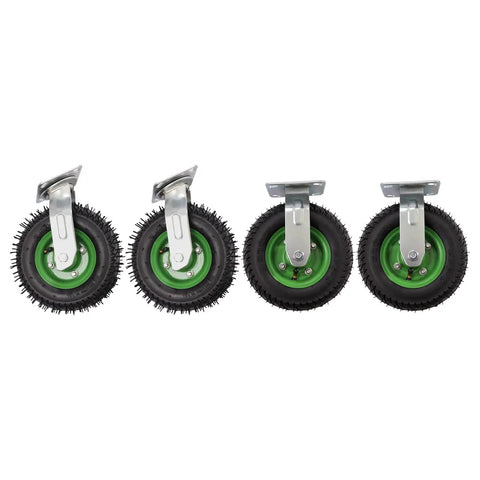 Eight Inch Pneumatic Caster Wheels Heavy Duty Rubber Inflatable Tires Four Piece Set showing two swivel and two rigid wheels.