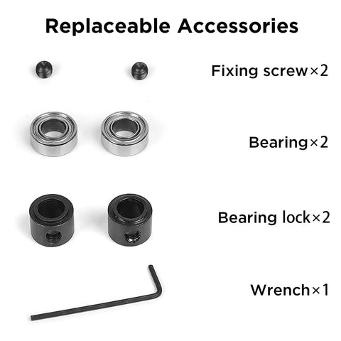Replaceable accessories for Pro Grade 4 Piece Flush Trim Router Bit Set, includes bearings, screws, and wrench.