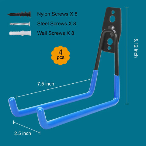 Heavy Duty Steel Garage Hooks With Anti Slip PVC Coating 4 Pack Large Tool Hangers For Garden Tools In Blue with screws