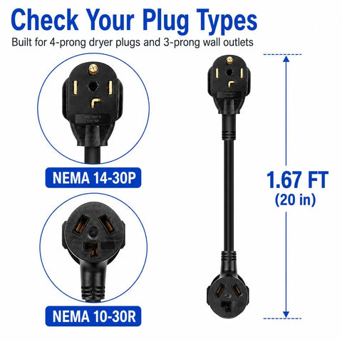 Three Prong To Four Prong Dryer Plug Adapter Cord No Brainer Solution NEMA 10-30P To 14-30R 20 Inch 30A 250V image