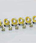 24 Piece Ball Bearing Kit Metric With Yellow Rubber Seals For RC Cars And Hobby Projects High Precision Bearings Set For Smooth Quiet Rotation And Durable Fit, yellow sealed bearings arranged in rows