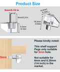 Legit Clear Cabinet Shelf Pegs Precision Cut For 5mm Holes showing size dimensions and installation on wooden shelf.