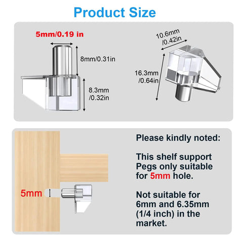 Legit Clear Cabinet Shelf Pegs Precision Cut For 5mm Holes showing size dimensions and installation on wooden shelf.