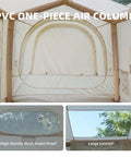 Close-up view of Quick Setup Camping Tent With Air Beams For Easy Outdoor Shelter No Poles To Mess With All Season Waterproof 210D Oxford Fabric Dual Action Pump Included For Fast Setup In Under 5 Minutes' PVC air columns and mesh windows.