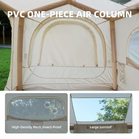 Close-up view of Quick Setup Camping Tent With Air Beams For Easy Outdoor Shelter No Poles To Mess With All Season Waterproof 210D Oxford Fabric Dual Action Pump Included For Fast Setup In Under 5 Minutes' PVC air columns and mesh windows.