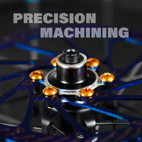 12 Pcs Bicycle Disc Brake Bolts 6 Bolt M5x10mm Stainless Steel Orange Finish Beefy Rotor Bolts for Mountain Bikes Front And Rear Compatible With Shimano SRAM Hayes Magura Hope Formula MTB Rotors installed on a rotor close-up view.