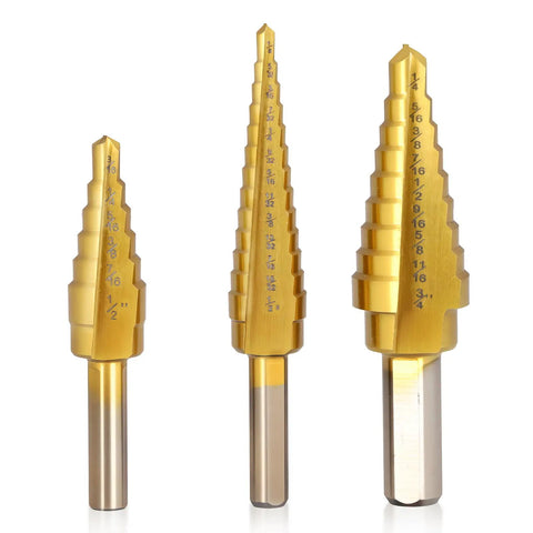 Titanium Coated Step Drill Bit Set With Double Cutting Blades HSS High Speed Steel Short Length 3 Piece Kit Covering 28 Sizes For Metal Wood Plastic Drilling In Tight Spaces