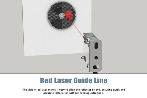 Retro Reflective Photoelectric Sensor For Automatic Swing And Sliding Gate Openers, 40 Ft Visible Red Beam alignment illustration.