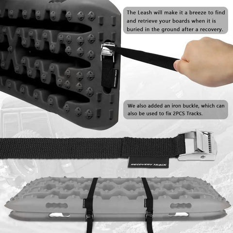 Person using strap on Heavy Duty Recovery Tracks for 4x4 Off Road Adventures Traction Boards Tire Ladder Mat for Sand Snow Mud