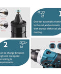 Pro Level Cordless Rivet Nut Gun With Brushless Motor And Lightning Fast Three Second Pull For Auto Shop And Rv Work Featuring Slick Ergonomic Handle And M3 To M12 Compatibility showing automatic rivet nut insertion and speed settings.