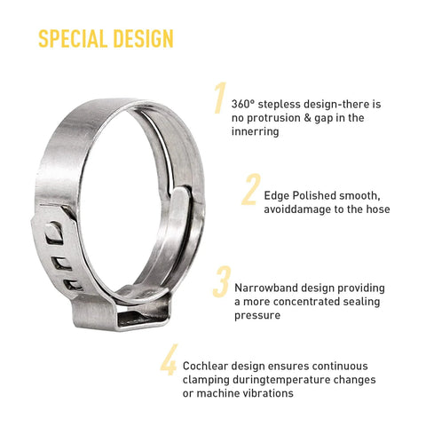 Stainless steel single-ear hose clamp (6–23.5 mm) with crimp ear for secure sealing