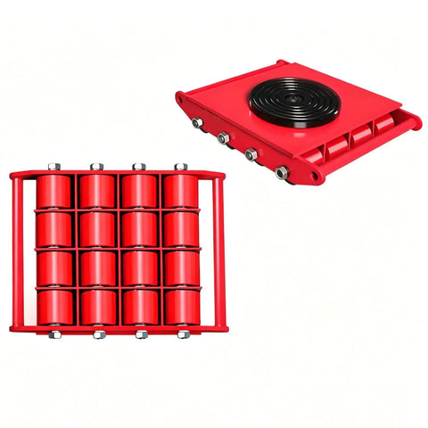 Heavy Duty Machine Skate Dolly With 360 Swivel Caster Plates, featuring red steel frame and rollers for effortless equipment transport.