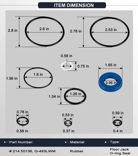 Dimensions of Floor Jack Seal Replacement Kit With O Ring For 3 Ton And 3 And A Half Ton Hydraulic Jacks Compatible with Sears Craftsman MVP G 493LWM Rebuild Kit