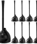 Heavy Duty Toilet Plunger Eight Piece Set Featuring Rock Solid Suction And Ergonomic Handles To Knock Out Stubborn Clogs Fast Without Any Sweat For Busy Households Across America in black with vented rack.