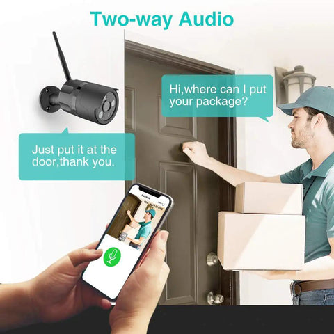 Top Notch 1080P Wifi Outdoor Security Camera with two-way audio communication feature in a delivery scene