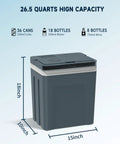 Portable 27 Quart Electric Cooler And Warmer For Car Or Home With Handle 12V/24V DC And 100-240V AC showcasing 26.5-quart capacity with dimensions.