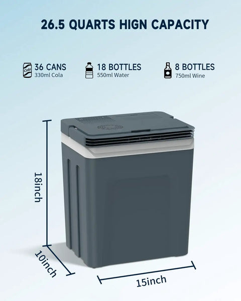 Portable 27 Quart Electric Cooler And Warmer For Car Or Home With Handle 12V/24V DC And 100-240V AC showcasing 26.5-quart capacity with dimensions.