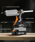 Cordless 20V Hot Glue Gun Pro Grade Full Size With 12 Glue Sticks, 2.0Ah Battery And Charger Included, side view showing labels.