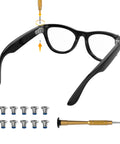 1 Piece Screwdriver And 10 Piece Screw Set For Ray Ban Meta Wayfarer Skyler Headliner Gen 2 And Oakley Meta HSTN Smart Glasses Temple Screws Replacement Kit Quick Fix For Loose Temples, showing screwdriver and screws with glasses.