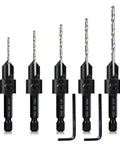 Front view of 5-piece HSS M2 countersink drill bit set with 1/4in hex shanks and two Allen wrenches