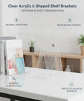 Clear Acrylic L Shaped Bookends For Desk And Shelf Organization No Fuss Invisible Support Brackets on white desk with books