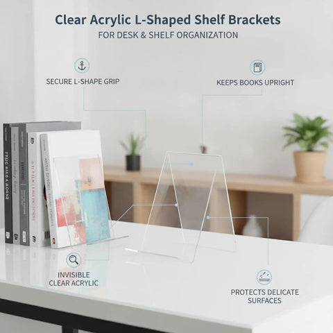 Clear Acrylic L Shaped Bookends For Desk And Shelf Organization No Fuss Invisible Support Brackets on white desk with books