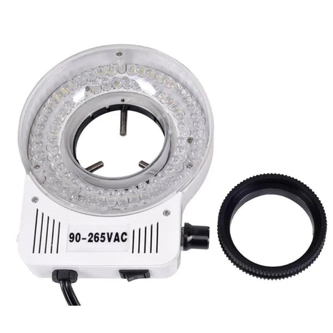 80 LED Stereo Microscope Ring Light With Adjustable Intensity For Pro Grade Detail And Easy Inspection 60mm Ring Diameter With 48mm Adapter Auto Switching Power 90V To 265V Dimmable Brightness Long Lasting Up To 4000 Hours, white body, black adapter ring