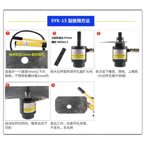 Instruction guide for Beefy Hydraulic Knockout Punch Kit, showing step-by-step usage for metal sheets with Chinese text labels.