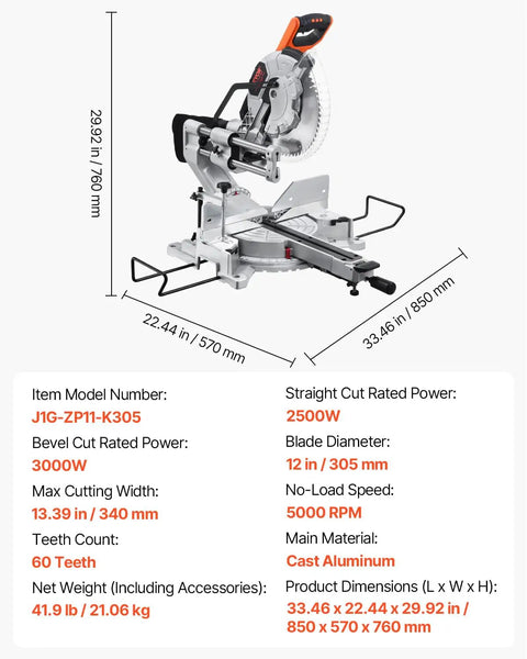 Sliding Compound Miter Saw With 12-Inch Blade, 15 Amp Motor, 60-Tooth Corded Double Bevel, LED Precision Alignment