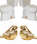 Upgrade Your Bath Setup With These Fresh Golden Bird Ceramic Toilet Bolt Caps showcasing hand painted golden bird caps on white toilets.
