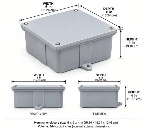 Rock Solid 6X6X4 Inch Pvc Junction Box Gray Nonmetallic Splice With Screw On Cover And Mounting Flanges 144 Cubic Inch Capacity side view
