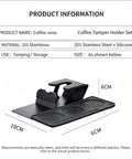 Coffee Tamper Holder Set in 201 stainless steel and silicone for tamping and storage, dimensions 19x6cm, features raised grip.