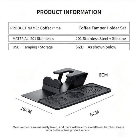 Coffee Tamper Holder Set in 201 stainless steel and silicone for tamping and storage, dimensions 19x6cm, features raised grip.
