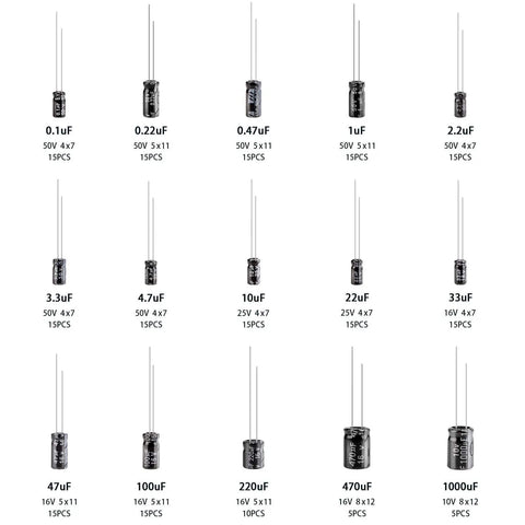 Electrolytic Capacitor Kit, 200 Pieces, 15 Value Assortment From 0.1uF To 1000uF, 10V 16V 25V 50V, Aluminum Capacitors Layout
