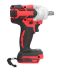 This 18V Cordless Impact Wrench Rocking The House With A Badass Brushless Motor Cranking Out 250Nm Of Serious Torque For Construction Sites And Auto Repair Jobs Its Totally Wire-Free So You Can Get It Done Anywhere Without Hassles This Tool Is Gotta Have side view of a sturdy red and black cordless impact wrench.
