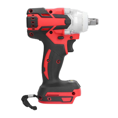 This 18V Cordless Impact Wrench Rocking The House With A Badass Brushless Motor Cranking Out 250Nm Of Serious Torque For Construction Sites And Auto Repair Jobs Its Totally Wire-Free So You Can Get It Done Anywhere Without Hassles This Tool Is Gotta Have side view of a sturdy red and black cordless impact wrench.