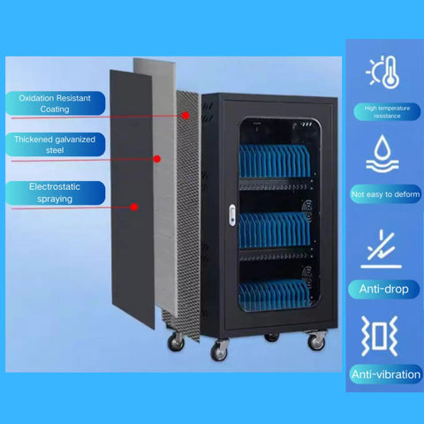 Game Changing 30 Device Charging And Storage Cart With Secure Lockers For Smartphones And Tablets showing detailed steel features and design.