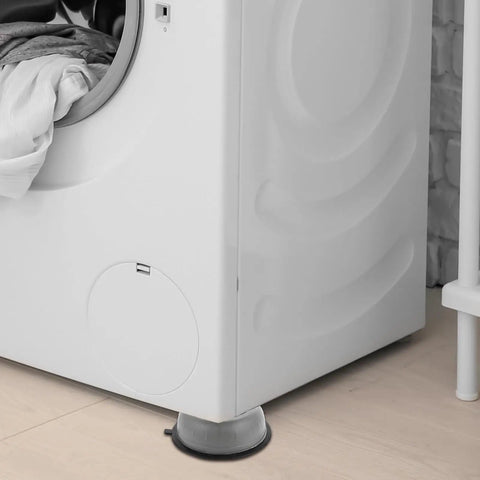 White washing machine with Anti Skid Washer Foot Mats 4 Piece Set with Height Adjustable Vibration Pads for Washing Machines installed.