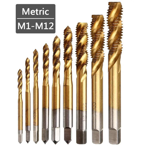 Pro Grade Titanium Spiral Flute Machine Screw Tap Set 9 Pcs Metric M2 to M12 with titanium-coated finish