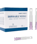 Box and two visible 18 Gauge 1 Inch Luer Lock Needles 100 Pack Industrial Pro Grade Stainless Steel Individually Wrapped For Precise Fluid Transfer And Injection Tasks For Medical Use
