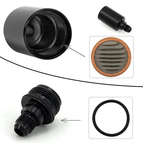Heavy Duty An6 Billet Inline Fuel Filter With Removable Replaceable Canister Black Anodized Aluminum Housing internals and mesh detail